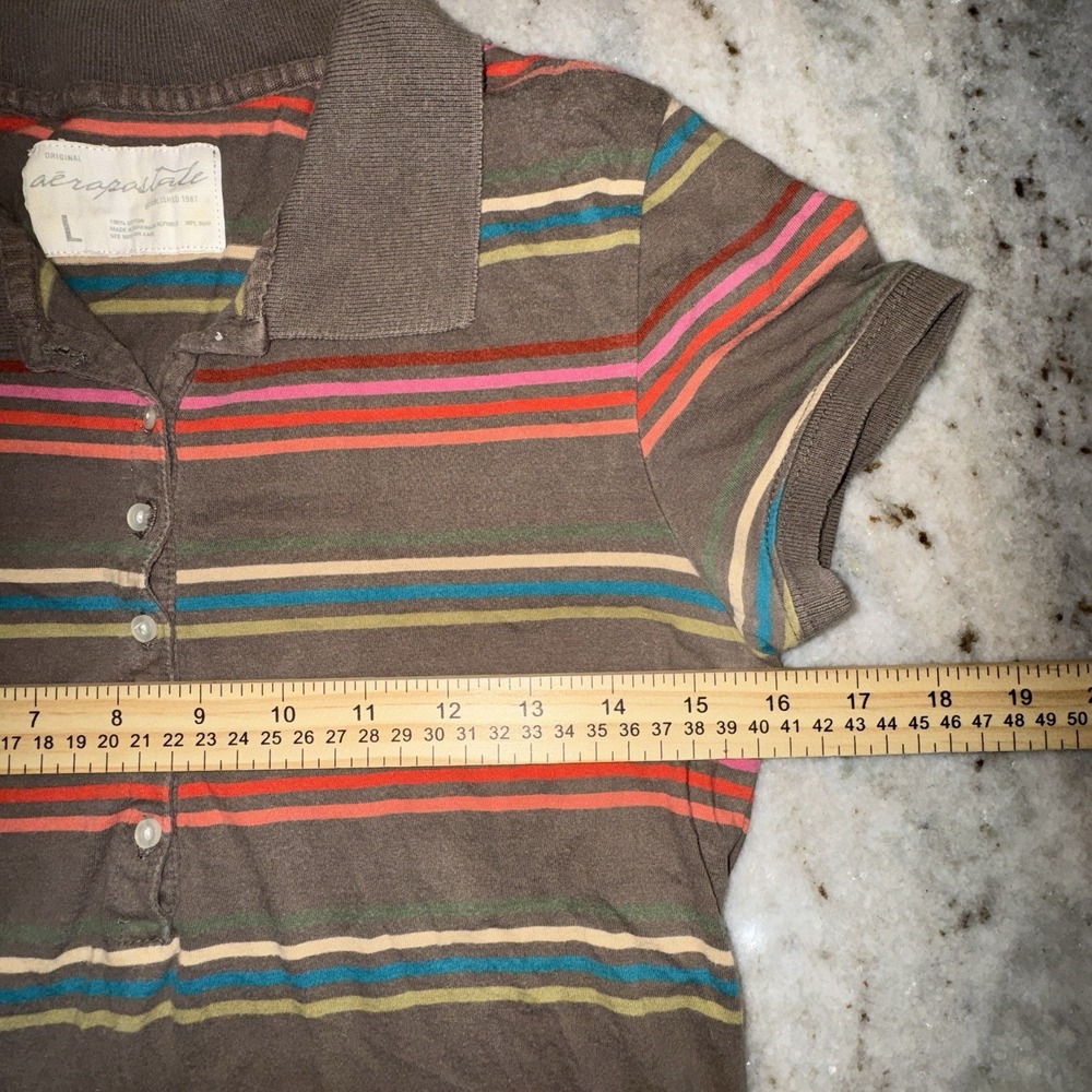 VTG Y2K Aeropostale Polo Shirt Brown Striped Preppy 2000s Size L Short Sleeve - Picture 3 of 6